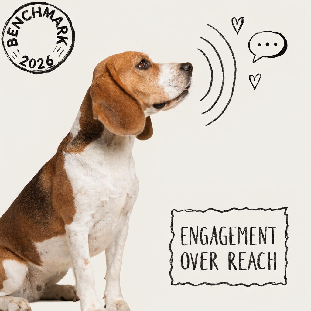 A beagle with ink-drawn sound waves, hearts and a comment bubble radiating from its mouth, next to a torn-paper card reading "engagement over reach"