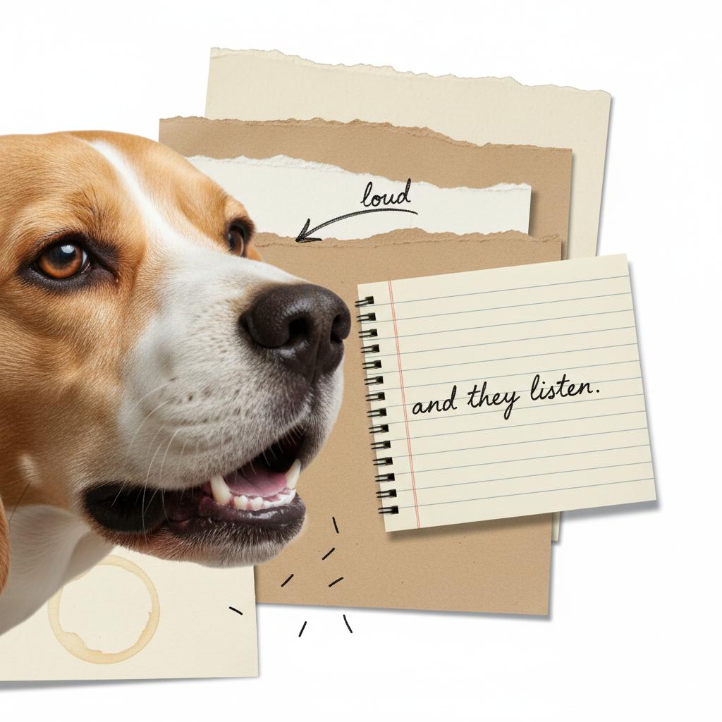 A beagle close-up mid-bark next to a spiral notebook page handwritten with "and they listen." and a pencil-scribbled arrow labelled "loud"
