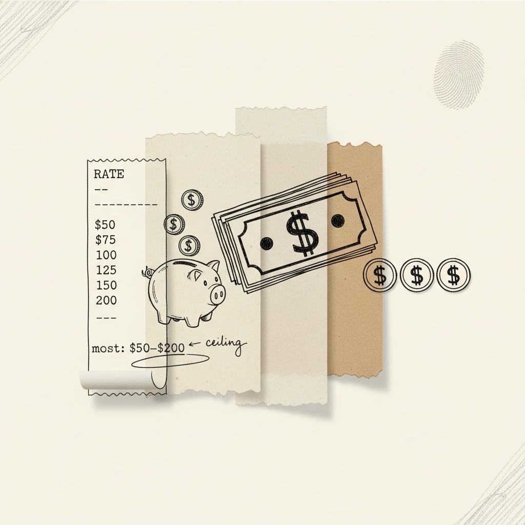 A flat-lay editorial collage of ink-drawn money — dollar stack, piggy bank, coins — alongside a typewriter receipt strip listing rates from $50 to $200 with "ceiling" pencil-circled